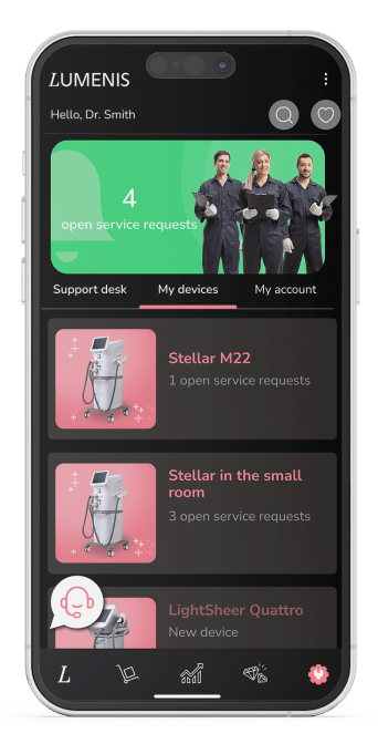 Multichannel support-device A smartphone screen with a support interface including a personalized notification and Lumenis device status