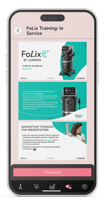 onboarding 5 Smartphone screens displaying the Lumenis App interface, with training videos, clinical protocols, and demos