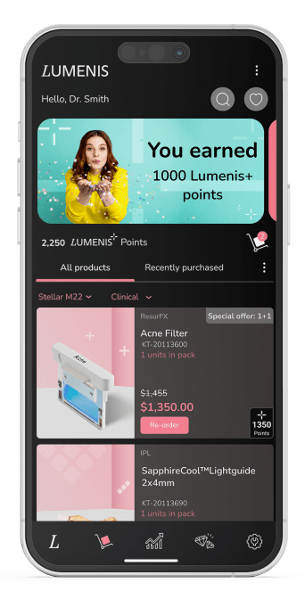 Online store- mobile Smartphone screens displaying the Lumenis App interface, with training videos, clinical protocols, and demos