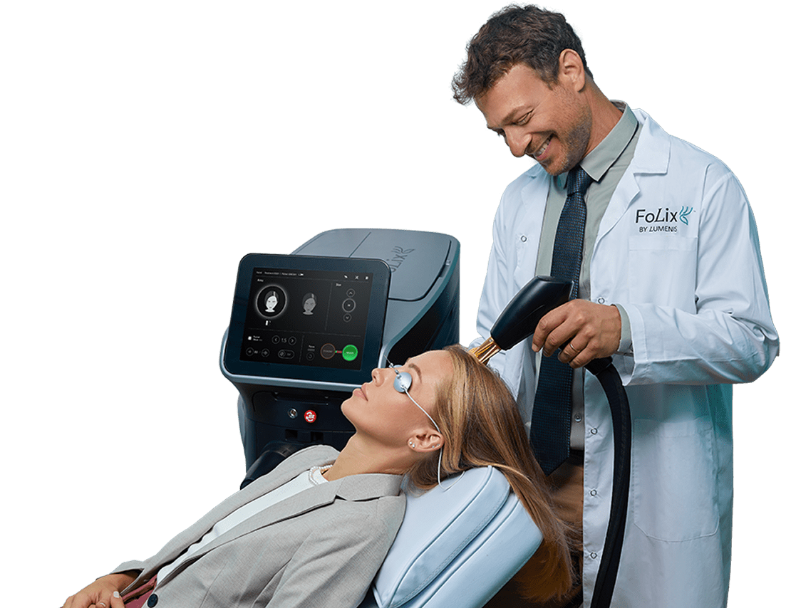 hair-loss-solution-treatment a woman is going hair loss treatment procedure with FoLix device.