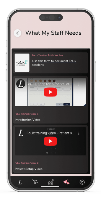 onboarding 3 Smartphone screens displaying the Lumenis App interface, with training videos, clinical protocols, and demos