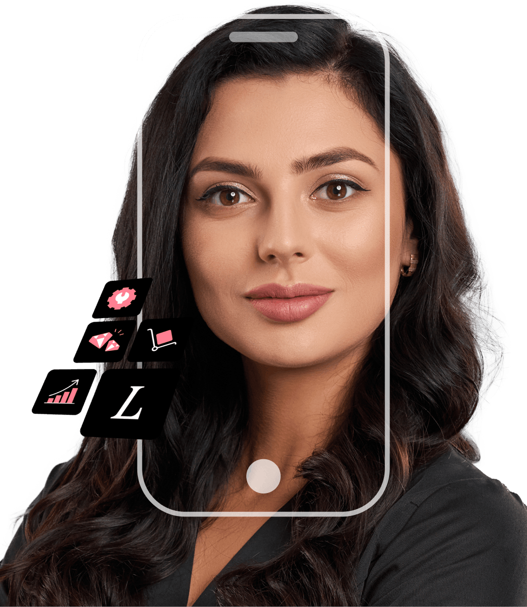 hero-woman-mobile-1032 A Lumenis customer and Lumenis App module icons with smartphone outline